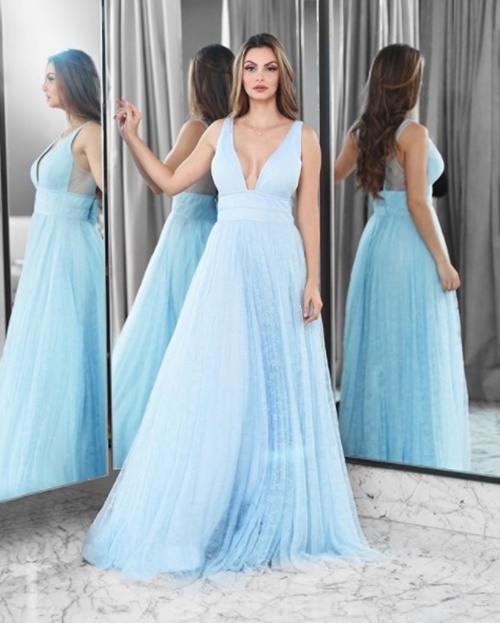 vestido de festa azul pastel