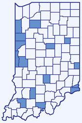 Map of the 15 least-populated counties in the US state of Indiana