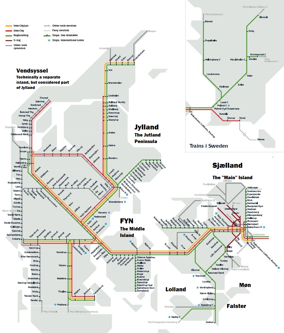 a typical dsb route diagram frederikhavn is at the end of the rail lines at the upper northern end of the country while copenhagen is at the far east a typical dsb route diagram frederikhavn is at the end of the rail lines at the upper northern end of the country while copenhagen is at the far east
