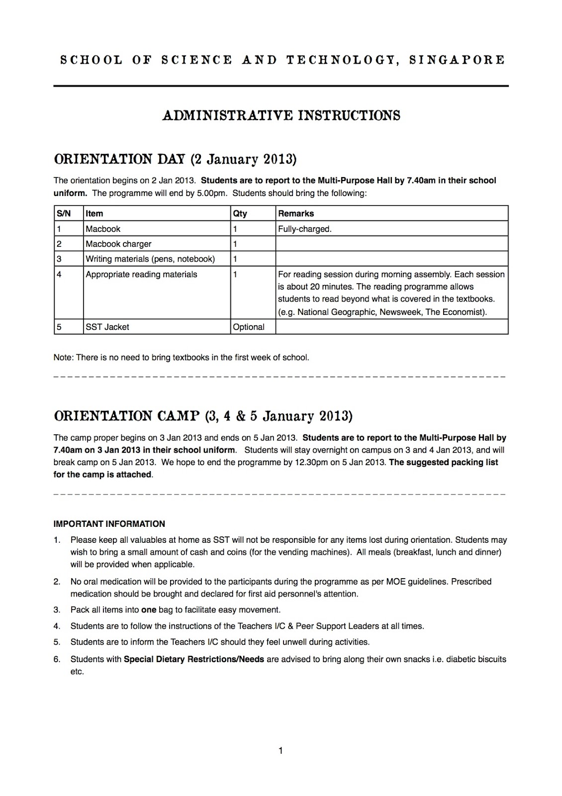 2013 S105 Class Blog Reminders for Orientation