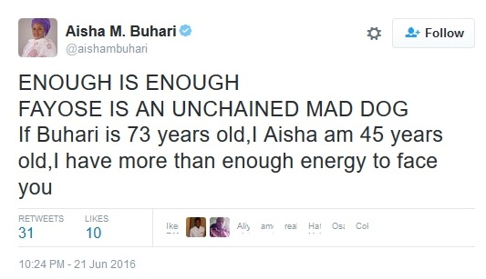 1 'I am 45 years old and have enough energy to face you' Mrs Aisha Buhari fires more shots at Gov. Ayo Fayose