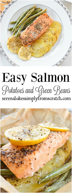 Easy Salmon Potatoes and Green Beans In Parchment is an easy dinner done in under 30 minutes and cleanups a breeze! serenabakessimplyfromscratch.com