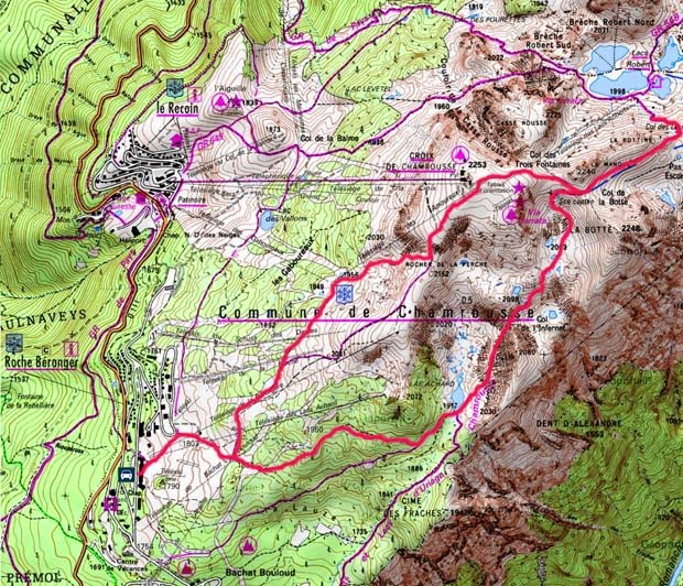 Carte et itinéraire en boucle des lacs Archard et Robert depuis Chamrousse