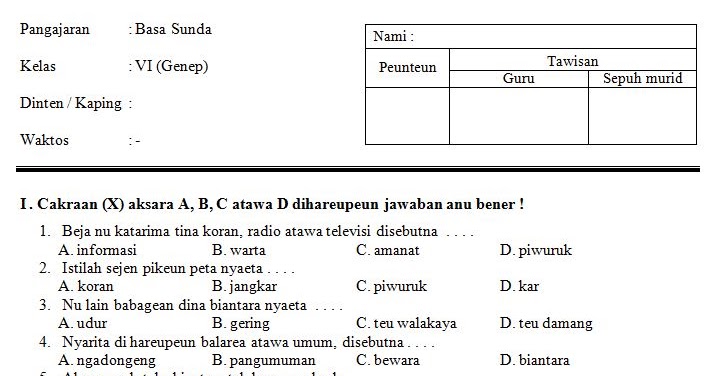 Download Contoh Soal Uts Sd Mi Kelas Vi Semester 2 Mata Pelajaran Bahasa Sunda Tahun Ajaran 2016 2017 Format Microsoft Word Operator Sekolah