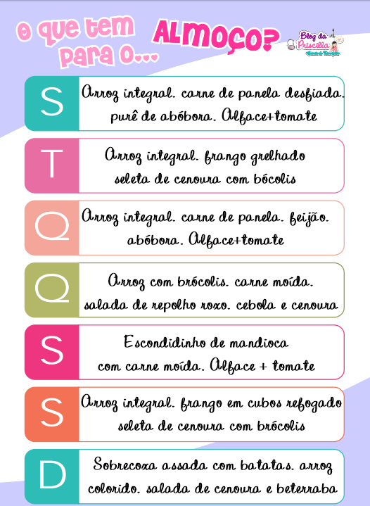 Cardápio Semanal - almoço #2 Maio - Blog da Priscilla - cardapio simples semanal
