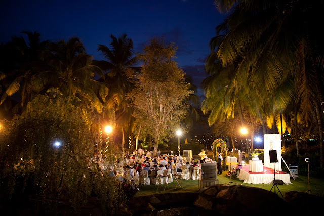 outdoor wedding in the green coconut trees grass