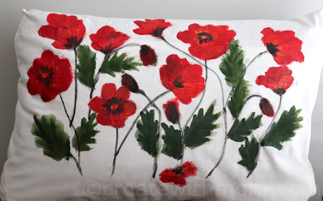 Poppy Flower Inspired Fabric painting Cushion Cover