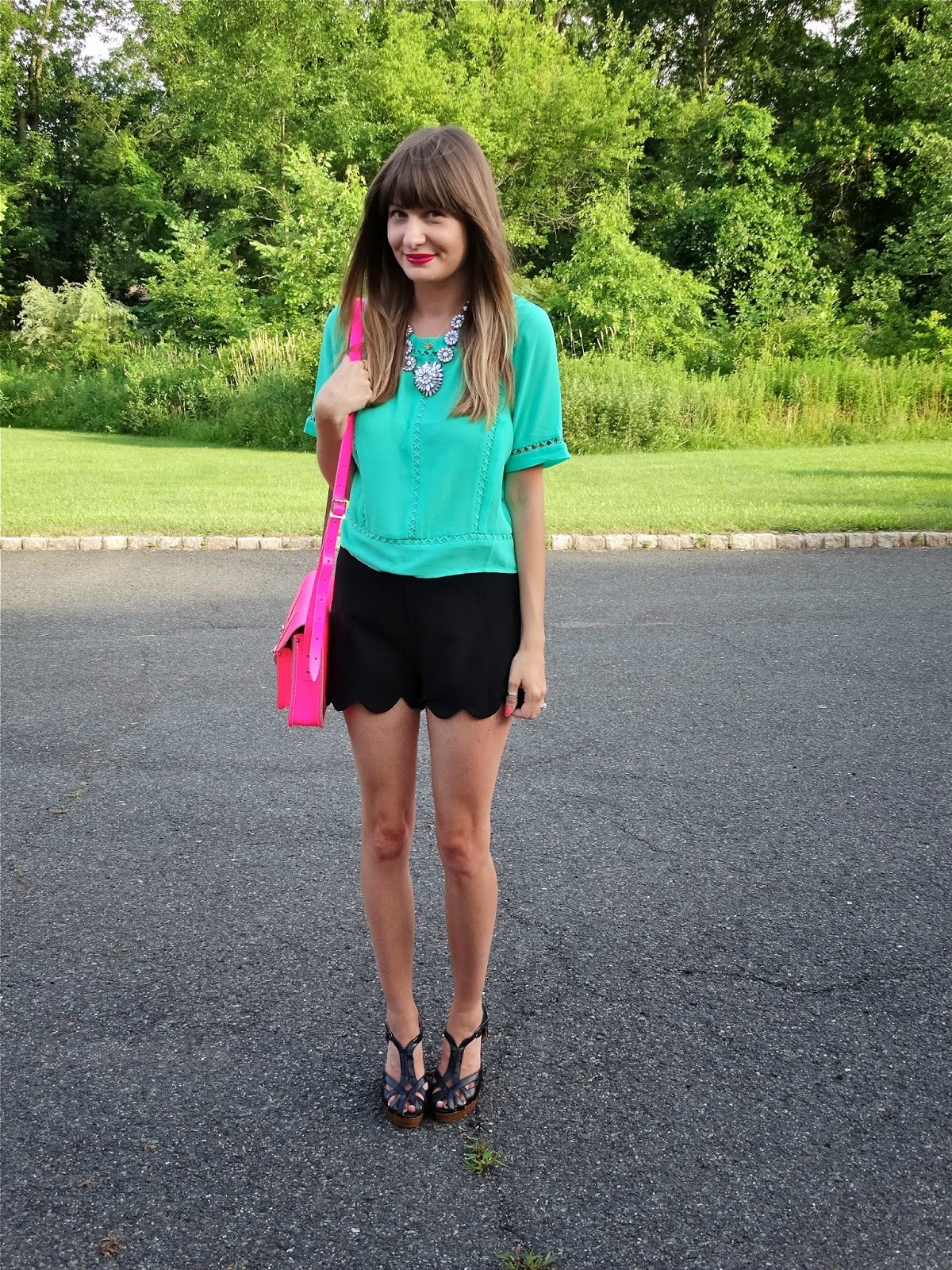 Jen of House Of Jeffers, wearing Scalloped Shorts from TJ Maxx, Crop Top from Francesca's, Cambridge Satchel and Nine West Wedges