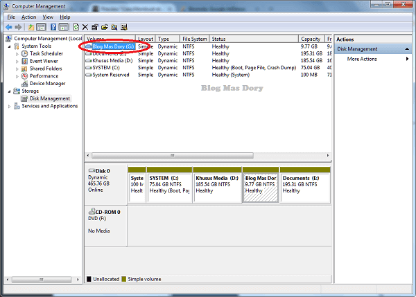 Locak disk baru telah berhasil dibuat dan ditampilkan di computer management Local Drive Baru berhasil di buat, Computer Management, Blog Mas Dory