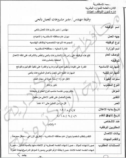 وظائف خالية بديوان محافظة الإسكندرية بتاريخ 30/ 8 / 2018 وظائف خالية بديوان محافظة الإسكندرية بتاريخ 30/ 8 / 2018