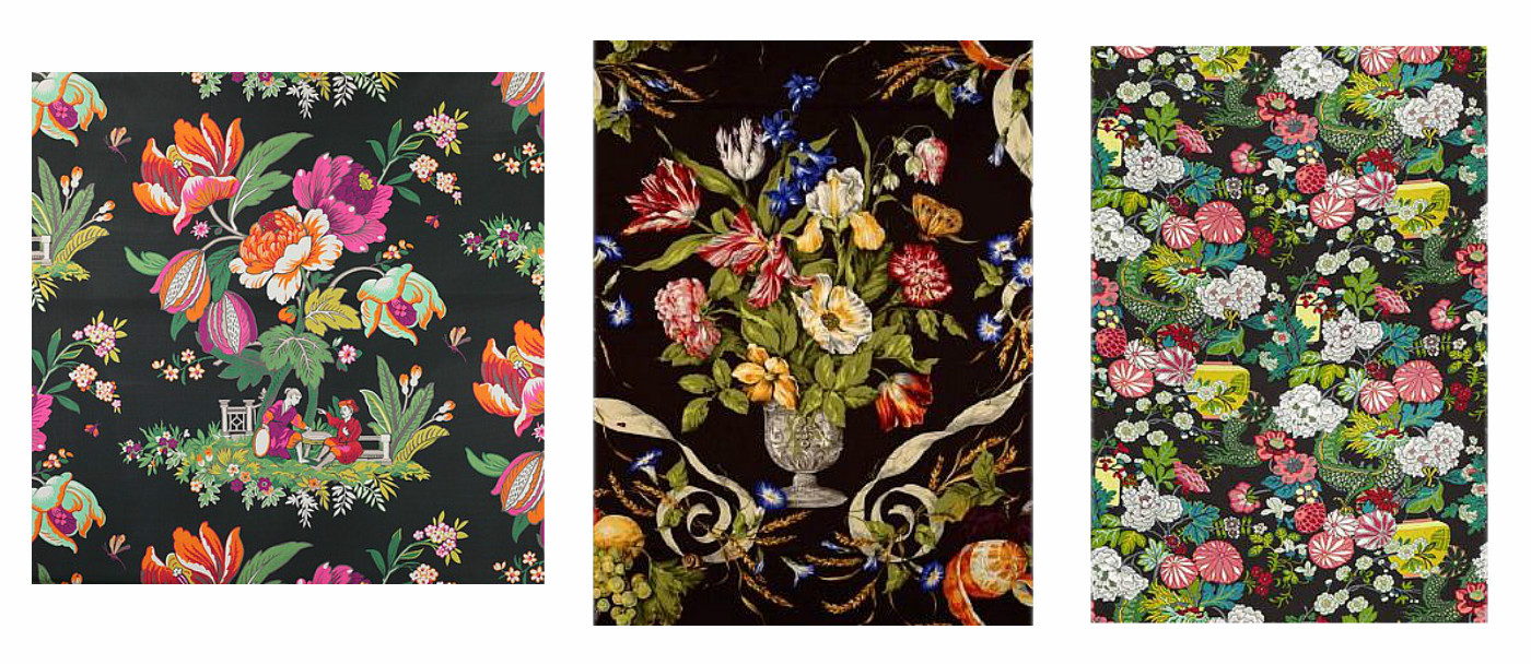 FLORAL FABRICS WITH A BLACK BACKGROUND - design indulgence