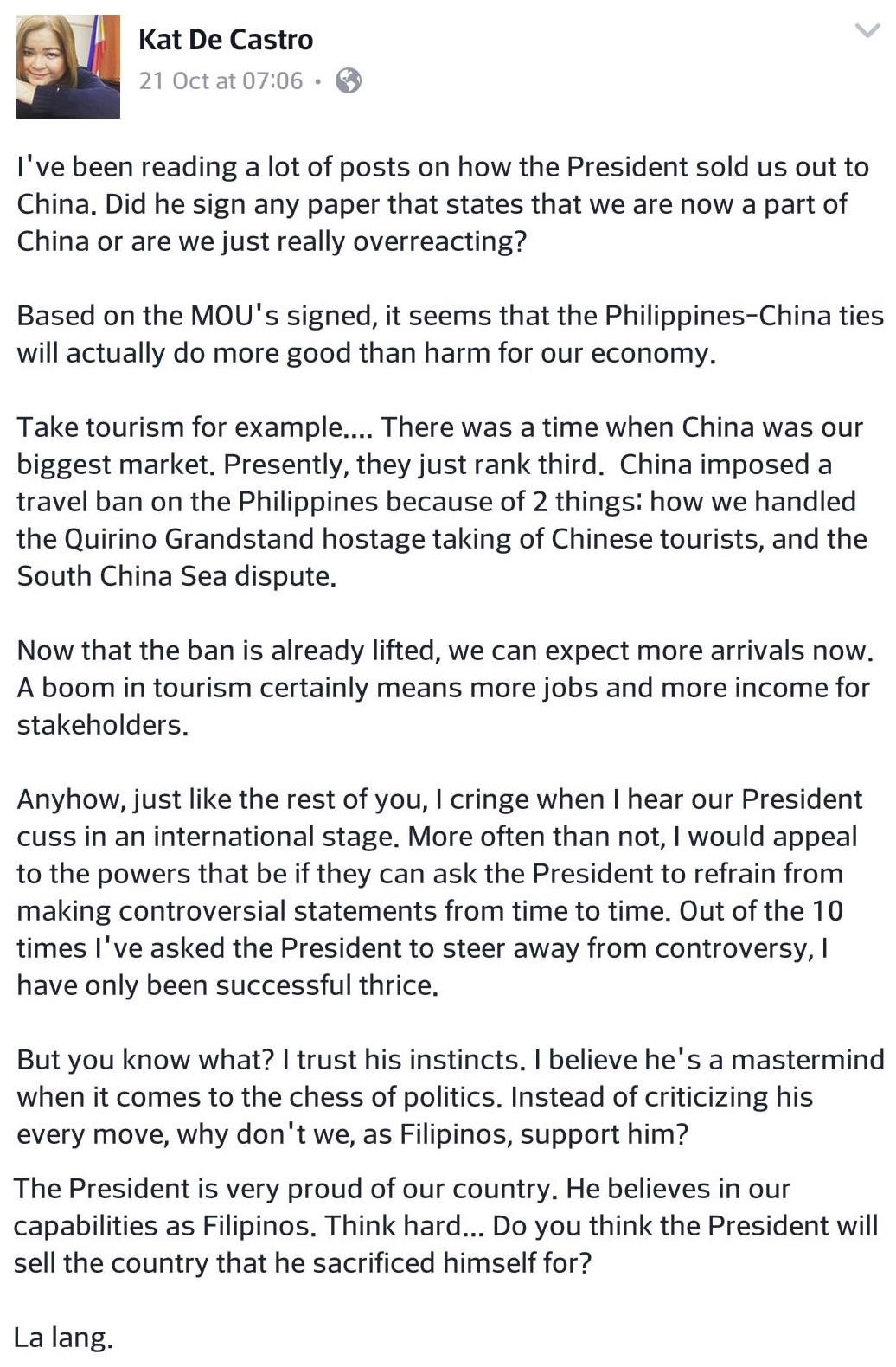 Kat de Castro says PH-China ties will bring more good than harm Kat de Castro says PH-China ties will bring more good than harm