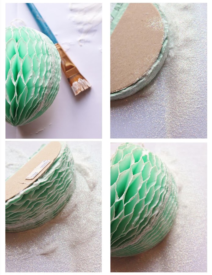 Bolas de papel nido de abeja decoradas con purpurina