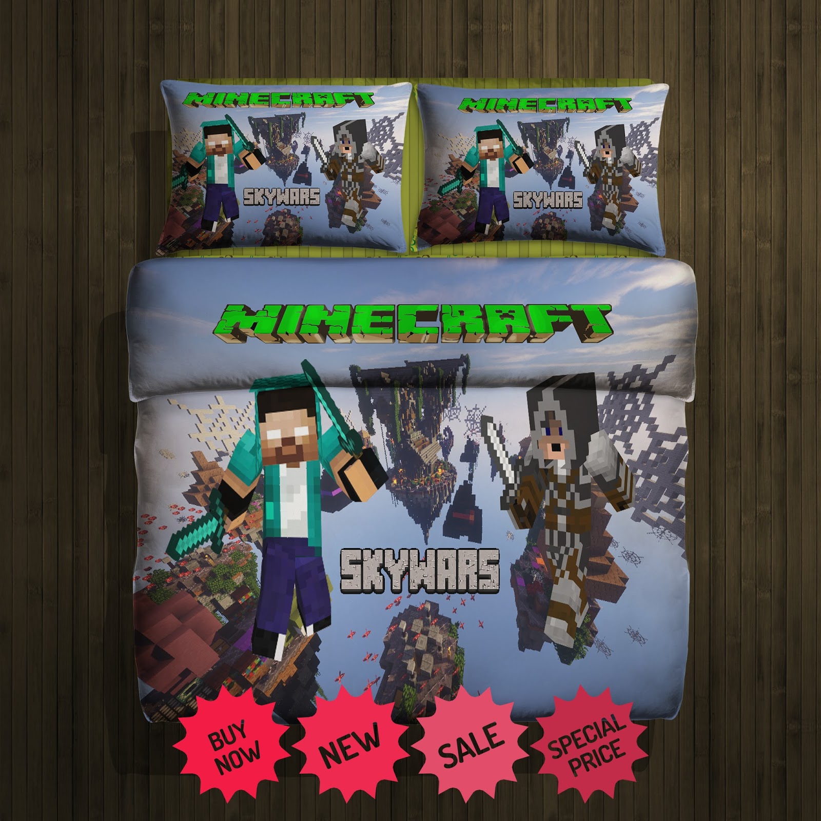 Set Gift Minecraft Skywars Fleece Blanket Large With 2 Pillow cases