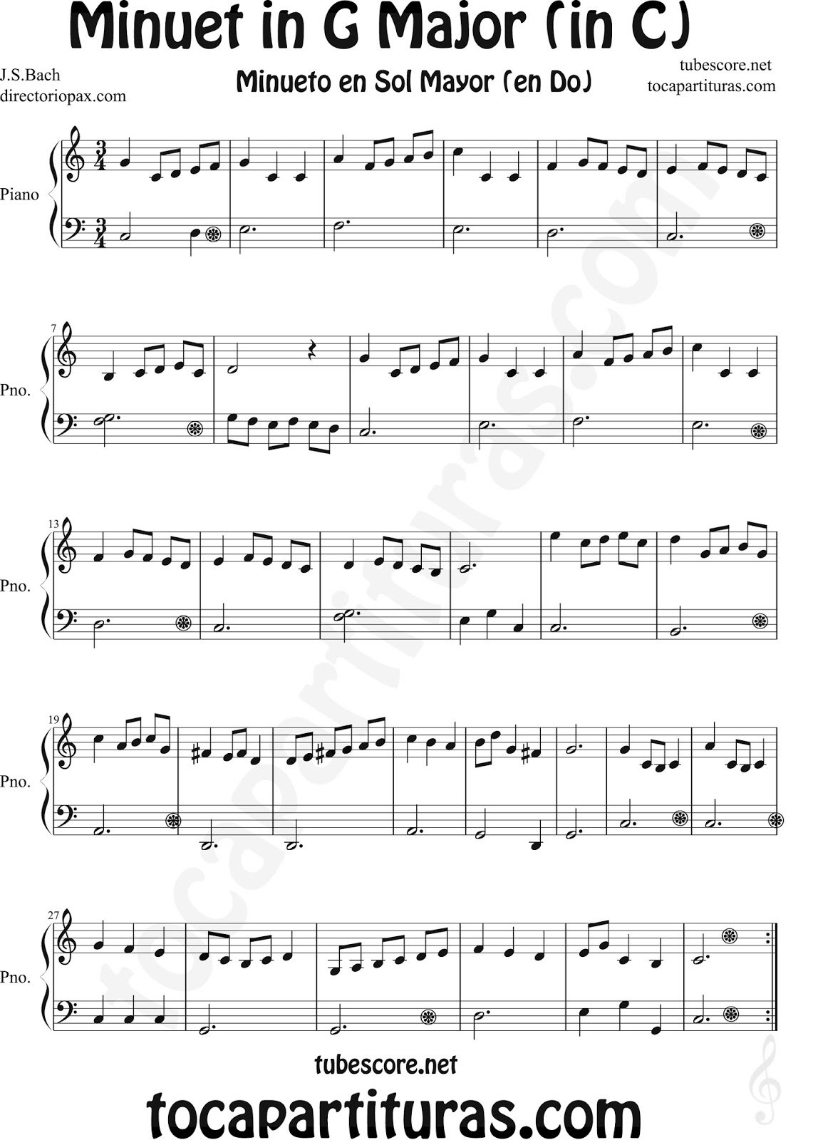 diegosax: Minueto de en Do Mayor (original Sol M BWV Anh. 114) Partitura Fácil de Piano, Flauta, Saxofón Alto, Trompeta, Viola, Piano, Oboe, Clarinete, Saxo Tenor, Sax, Trombón,