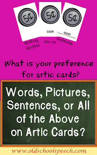 Pinterest Pin with purple background & 3 articulation cards with the words "What's your preference for artic cards?" under. Title of blog post is in white on a framed green chalkboard background under the purple.
