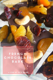 French Chocolate Bark:  Dried apricots, cranberries, and dried cranberries top a mixture of dark and semi-sweet chocolate.  Deep and rich with sweet, tart, and crunchy bites!  WOW! - Slice of Southern