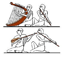 Na obrázku vidíme harfu, loutnu a dlouhé píšťaly/publikováno z http://www.egypt-tehuti.org/general-information/the-learned-ancient-egyptians-2/music-in-ancient-egypt/