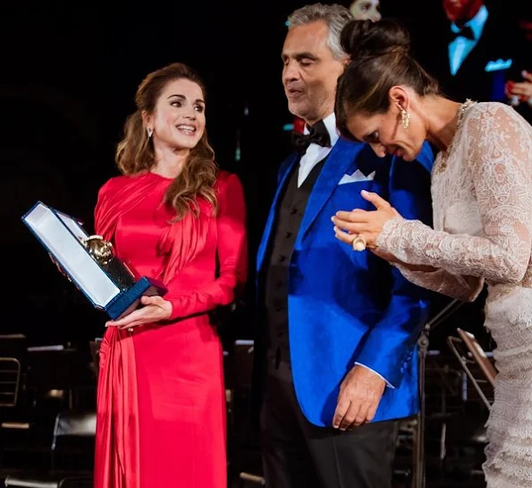 Queen Rania of Jordan attended the Fight Night gala held for the benefit of the Andrea Bocelli Foundation and the Muhammed Ali Parkinson Center at Palazzo Vecchio