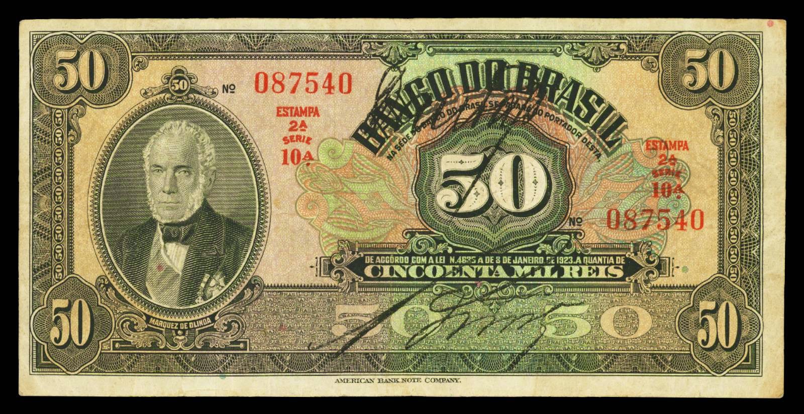 Brazil banknotes 50 Mil Reis bank note 1923 Pedro de Araujo Lima