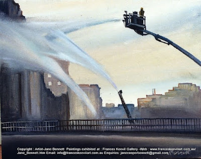 Plein air oil painting of the fire in the AML&F Co woolstore in Pyrmont  by industrial heritage artist Jane Bennett