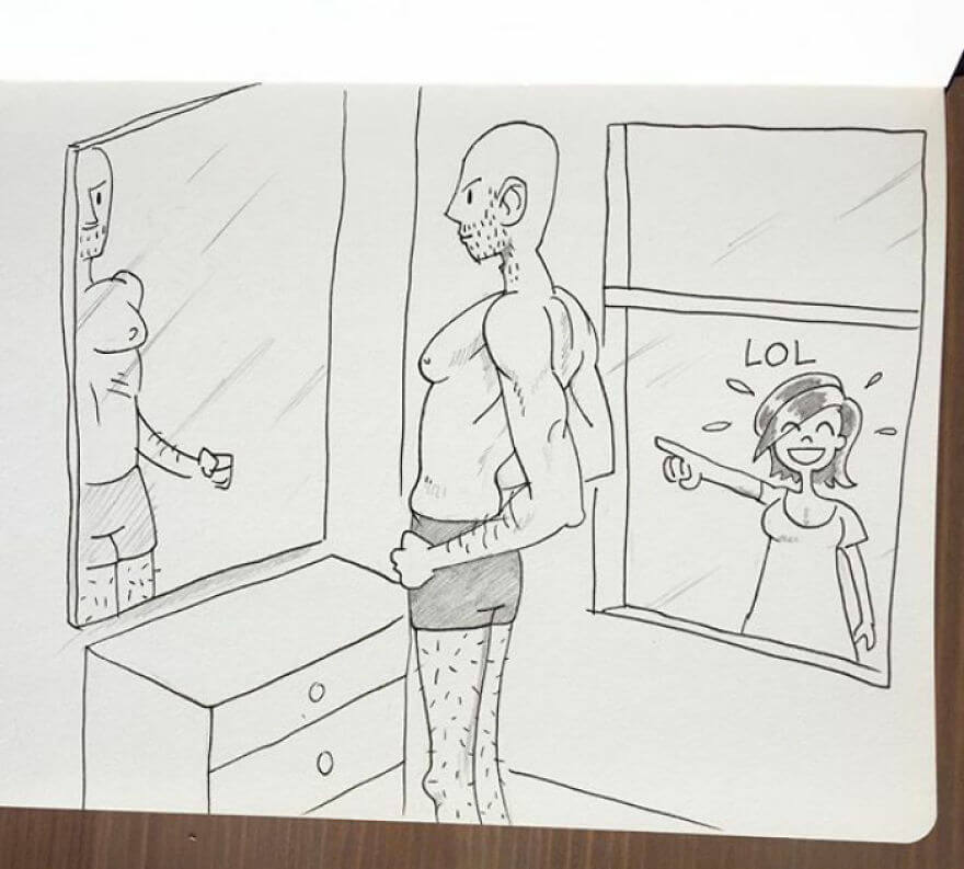 Guy Has Been Drawing A Comic Every Day For His Partner For Five Whole Years - The Time Kellie Was In The Garden And Caught Me Flexing In The Mirror Post-Workout