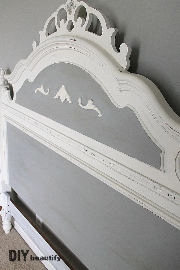 Fabulous painted bed makeover! I took my bed from Outdated 90's oak to gorgeous French Country! Get all the details at DIY beautify
