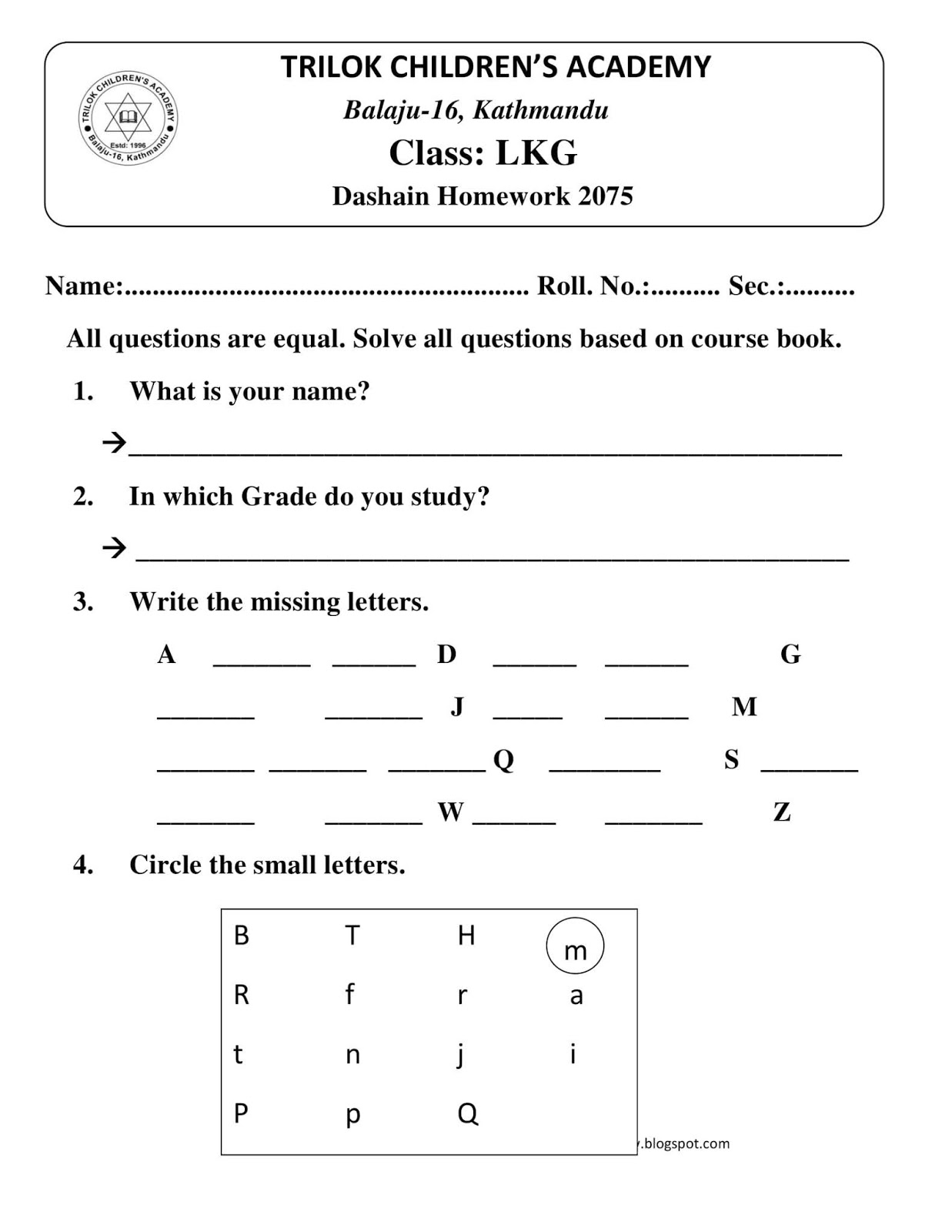 Lkg holiday homework pdf image