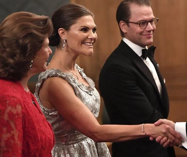 Crown Princess Victoria wore a jacquard patterned top and wide flounced skirt from HM Conscious Collection