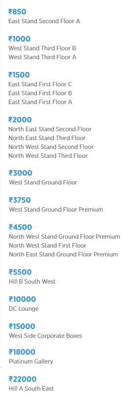 Cost of VIVO IPL 2019 Tickets for Matches at Feroz Shah Kotla Ground, Delhi: IPL 2019 Tickets Price List