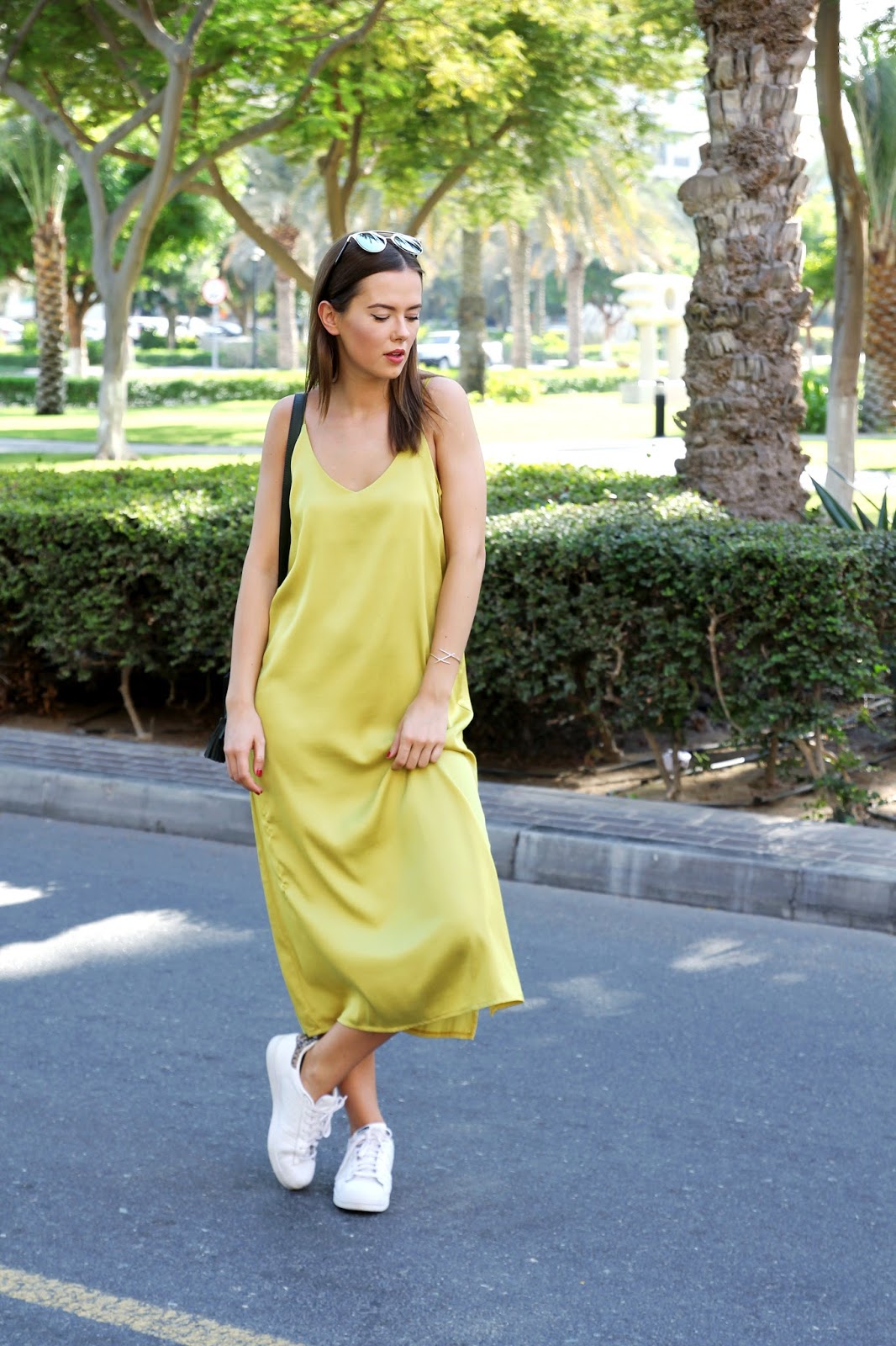 slip dress and sneakers