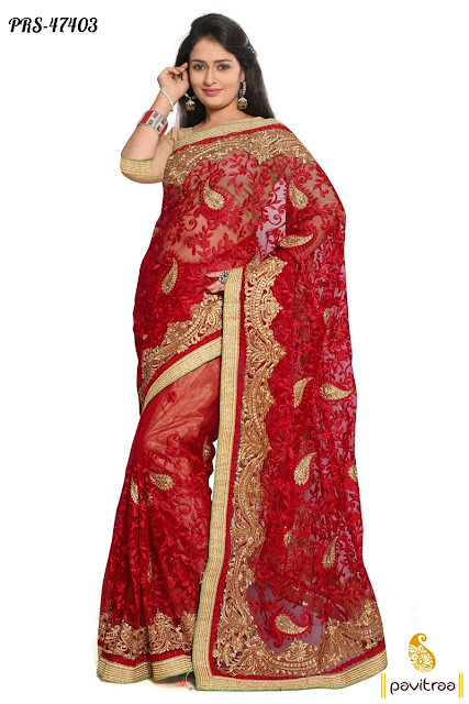 Karva Chauth and Diwali festival discount offer on red net embroidery saree online shopping at pavitraa.in