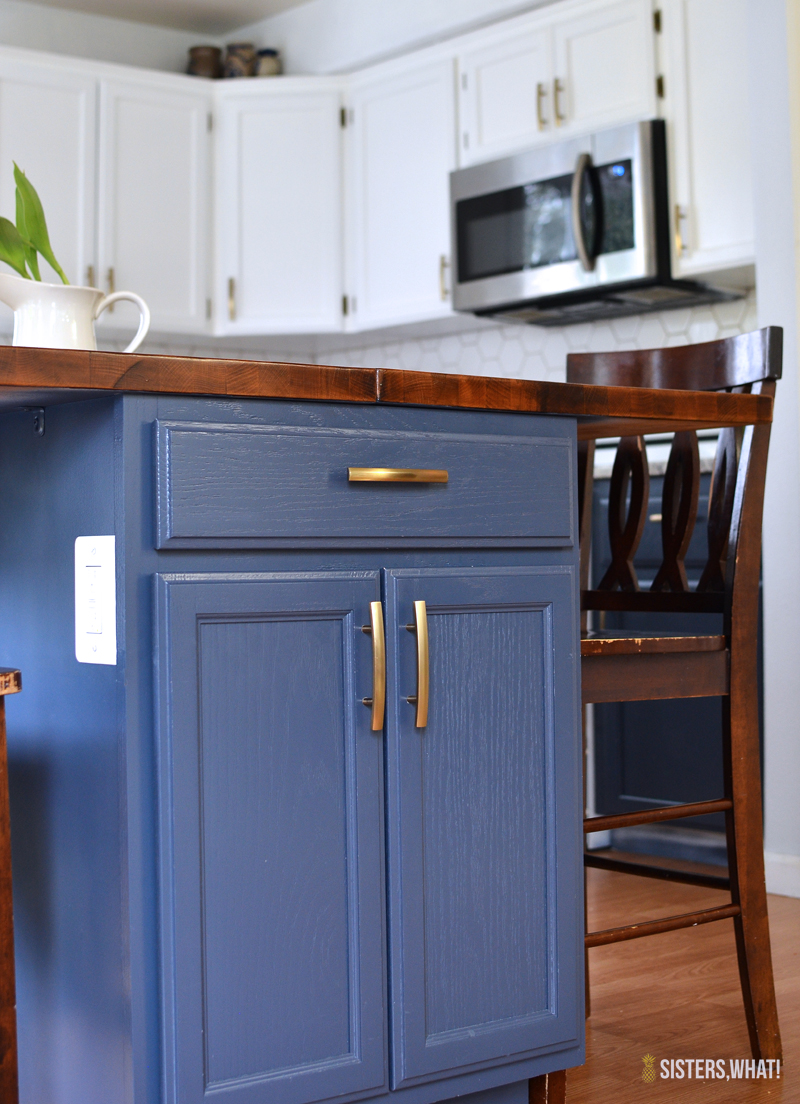 two toned kitchen blue cabinets remodel with hexagon tile!!