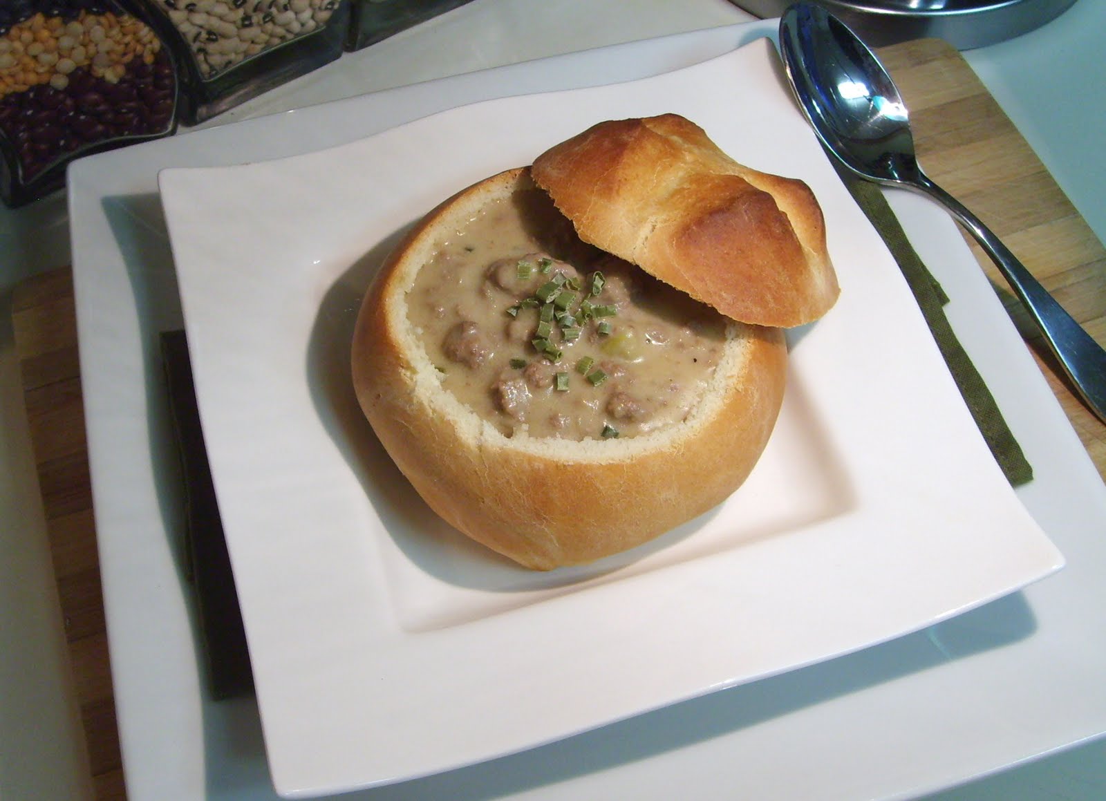 The Open Pantry Cheesy Leek and Ground Beef Soup with Soft Bread Bowls