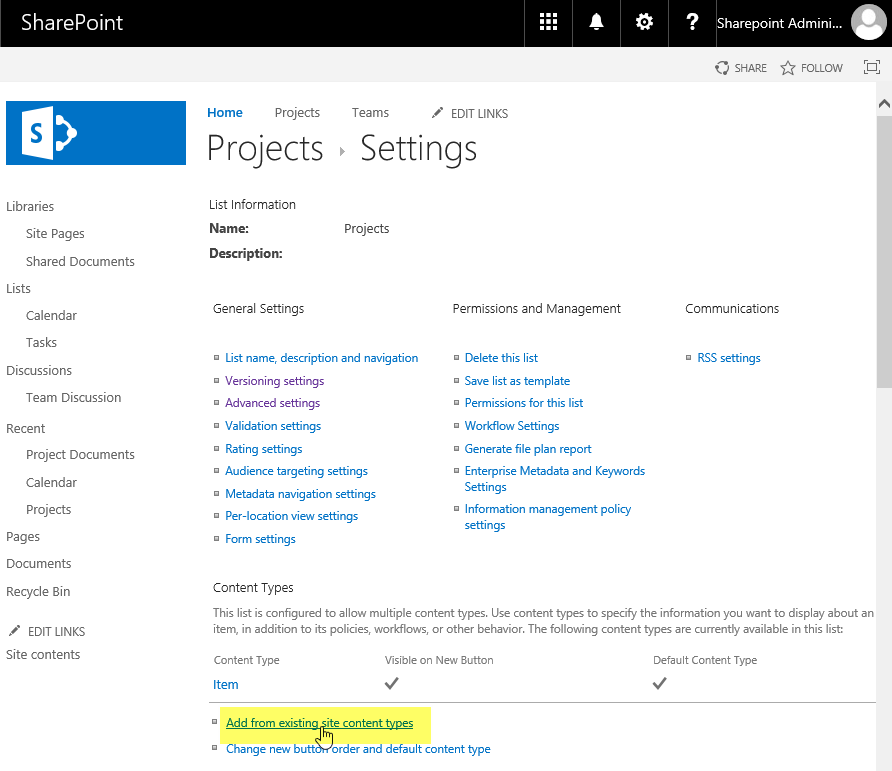 sharepoint online add content type to list or library sharepoint site types