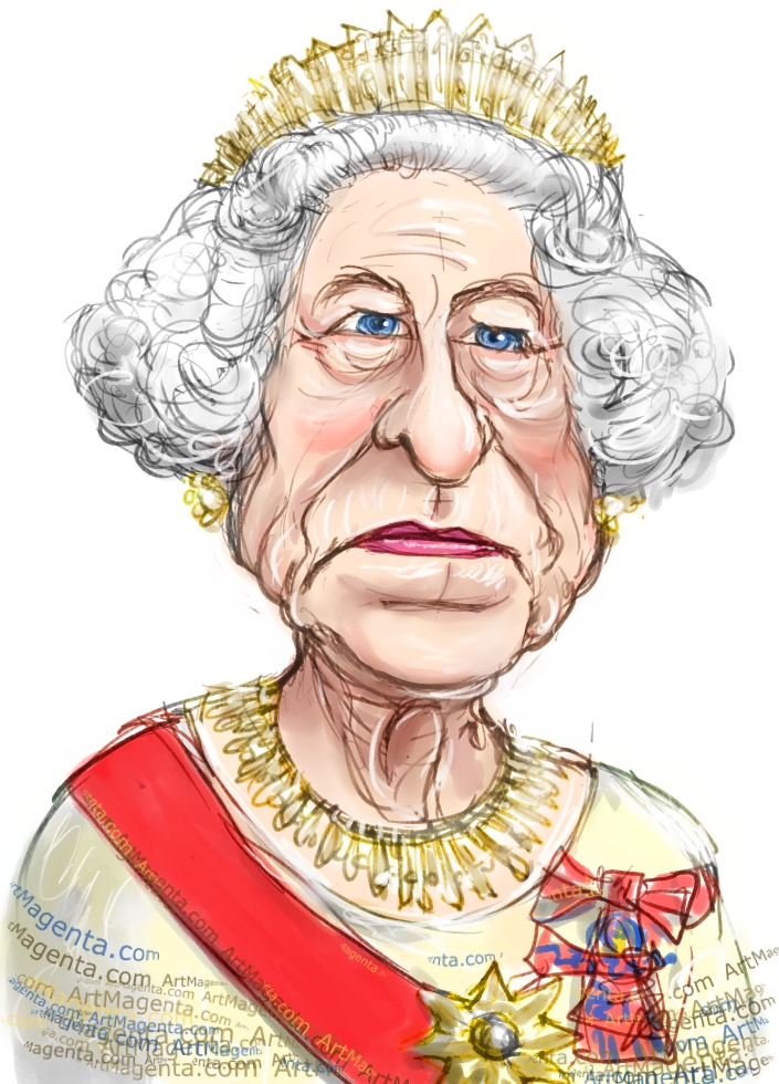 Queen Elizabeth II caricature cartoon. Portrait drawing by caricaturist Artmagenta