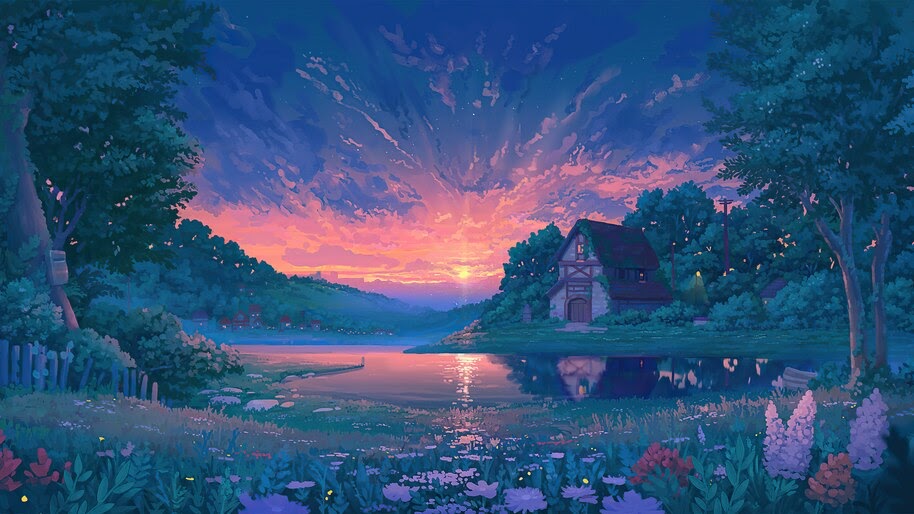 Sunrise, Nature, Lake, Flowers, Landscape, Cottage, Digital Art, 4K, #6.1241