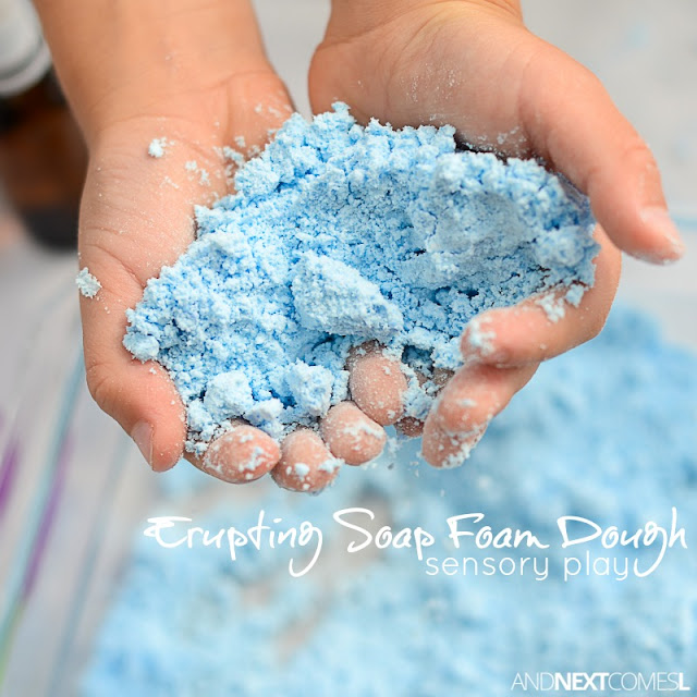 Combine sensory play with science with this erupting soap foam dough sensory play recipe for kids from And Next Comes L