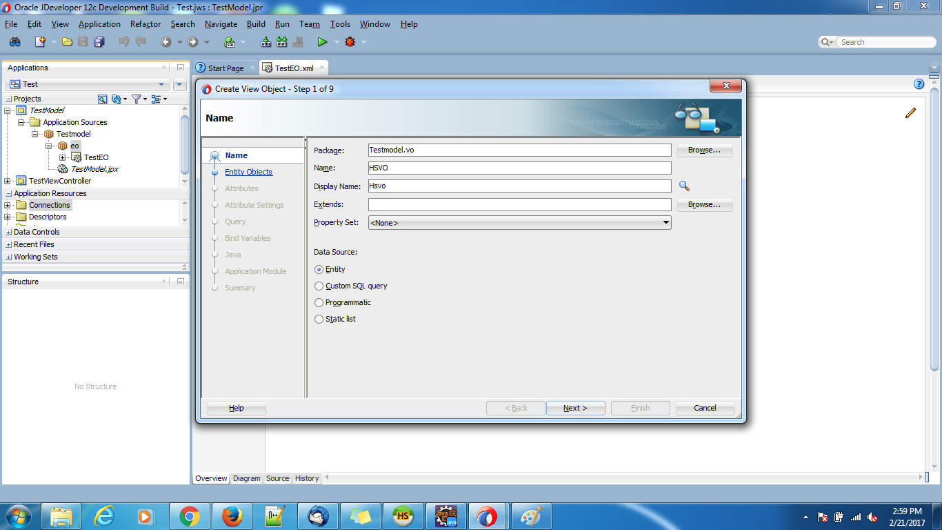 Java Java ADF creating EO and VO
