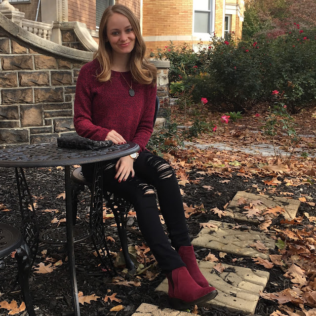 burgundy-ankle-boots-gold-druzy-necklace