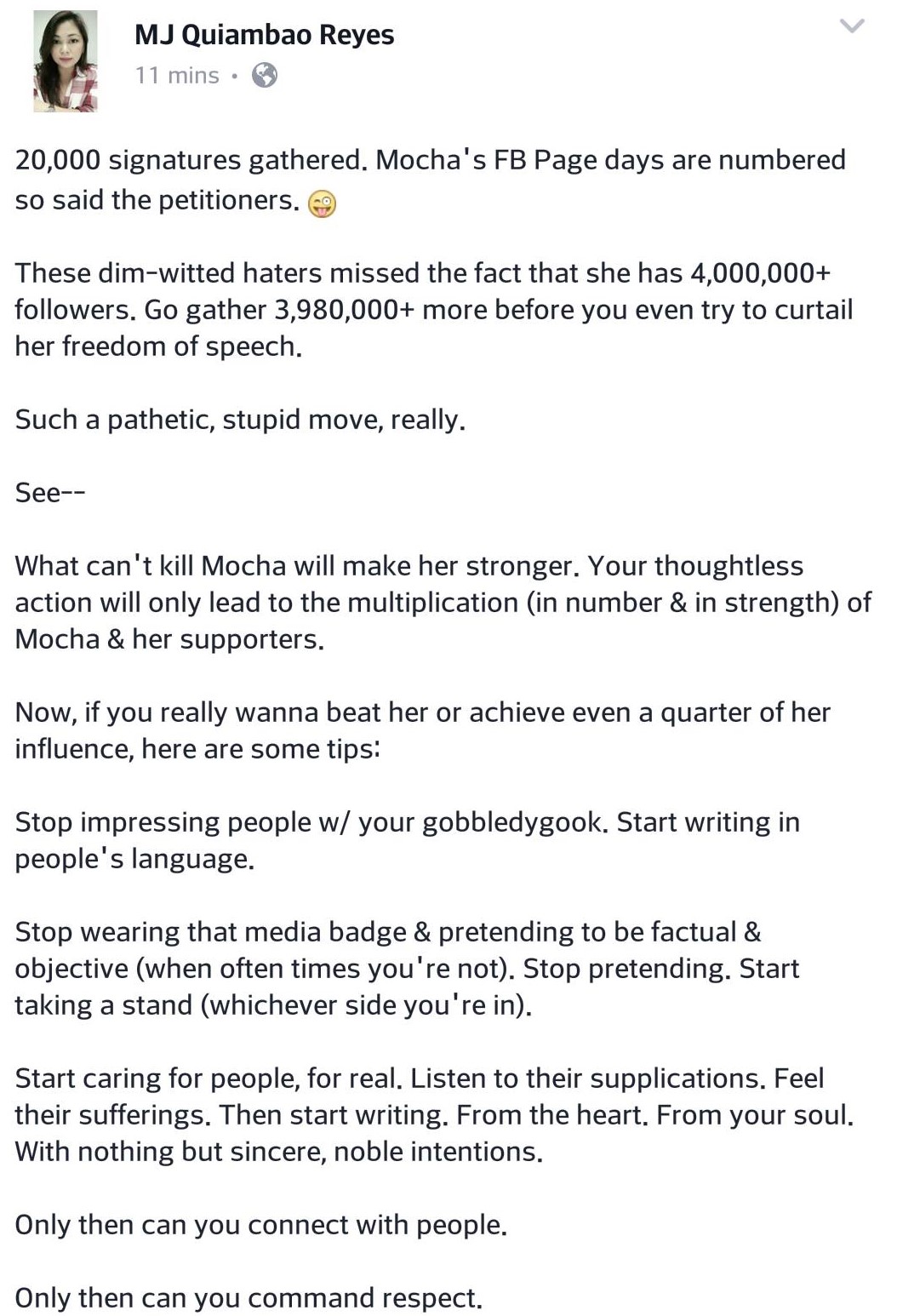 Fearless netizen calls anti-Mocha petition stupid, pathetic: "Your 20,000 signatures are not enough"