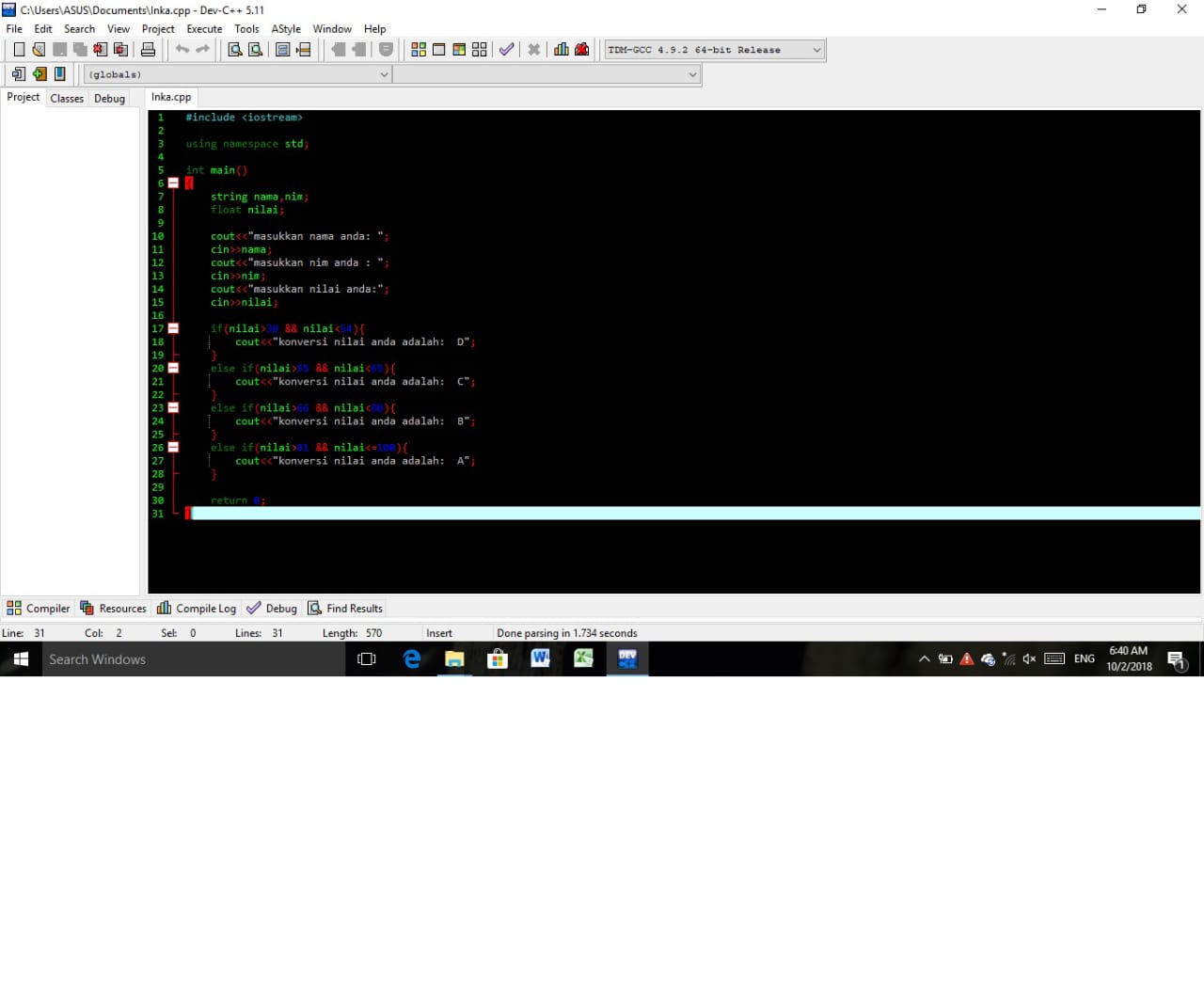 Konversi Nilai ke Huruf Menggunakan Aplikasi Dev C++