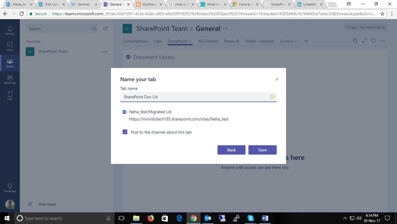 Adding a tab in MS Teams Office 365