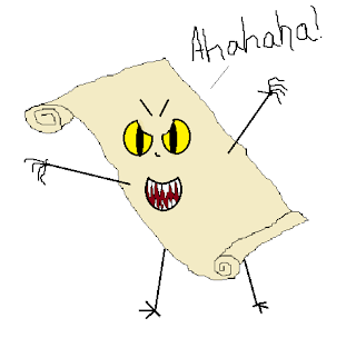 Unrolled parchment standing tall, holding out its arms menacingly while laughing with it's jagged-toothed mouth.