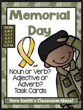 Fern Smith's Classroom Ideas Memorial Day Themed Task Cards for Noun or Verb? Adjective or Adverb? for Common Core!