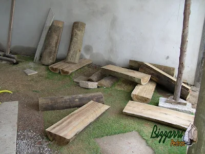 Preparando para a execução da escada de madeira com as toras de eucalipto tratado para fazer os degraus da escada de madeira com o corrimão de madeira.