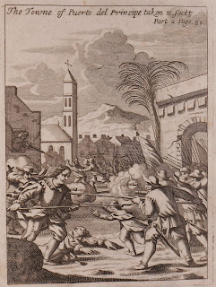 An illustration showing the "towne of Puerto del Principe taken and sackt."