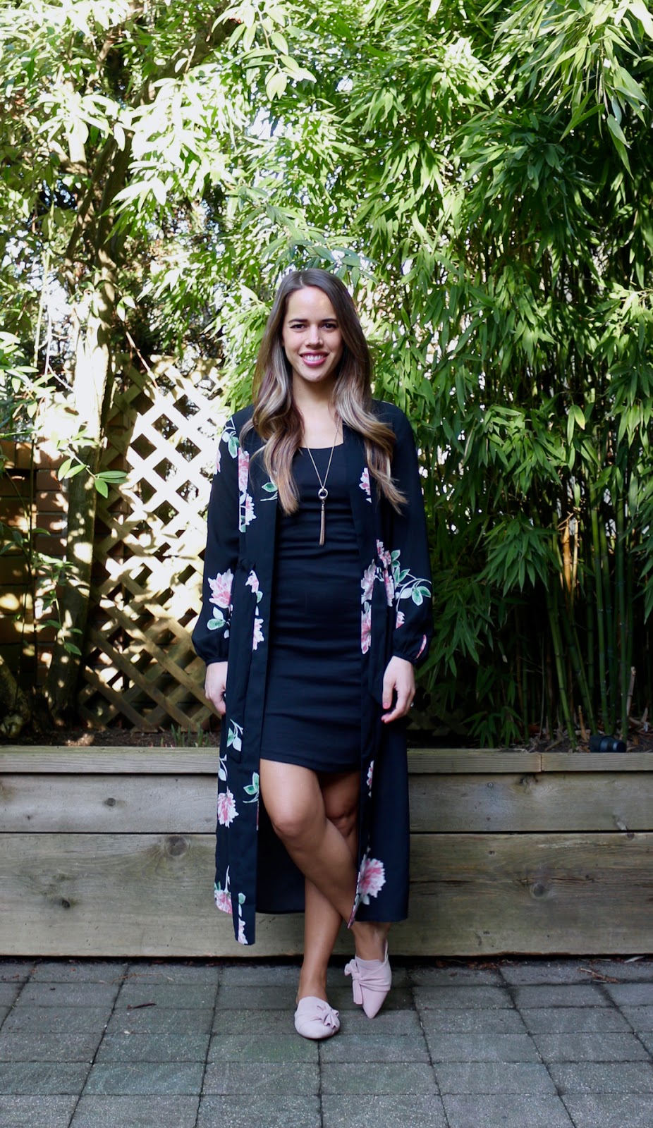 Jules in Flats - Black Jersey Dress with Duster Kimono (Business Casual Spring Workwear on a Budget)