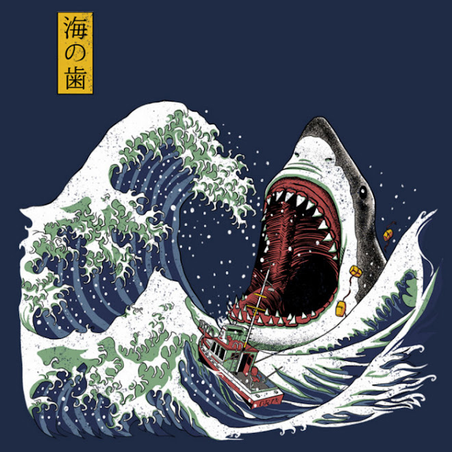 Today's T : 今日の葛飾北斎がスピルバーグ監督の代表作を描いた「海の歯」 Tシャツ