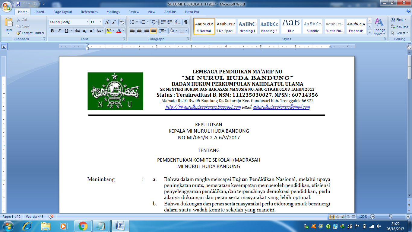 Contoh SK Komite Sekolah terbaru 2017 ~ MI NURUL HUDA BANDUNG